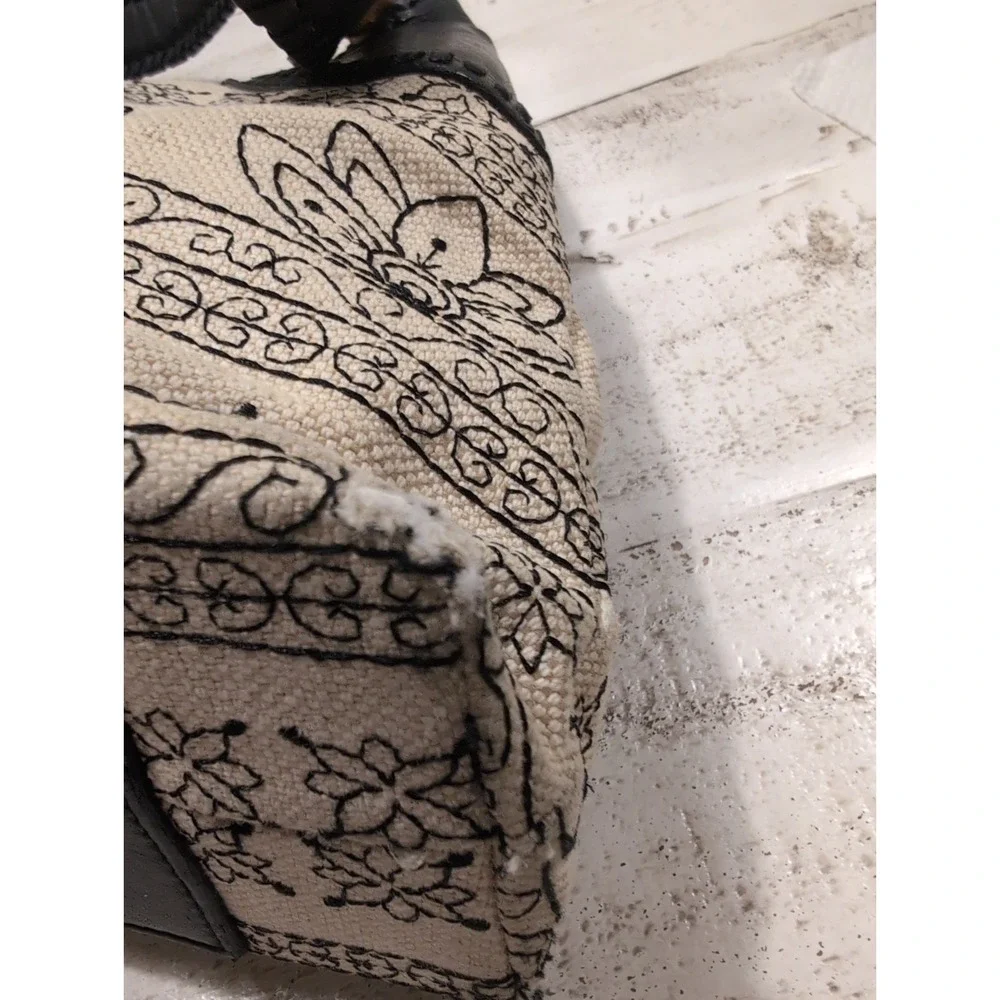 Kate Landry Beige & Black Embroidered Hobo Bag with Bamboo Accents